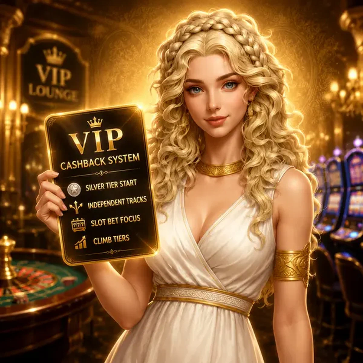 Κομψός VIP παίκτης επιδεικνύει χρυσή κάρτα μπόνους cashback στην πολυτελή αίθουσα Sava Spin Casino